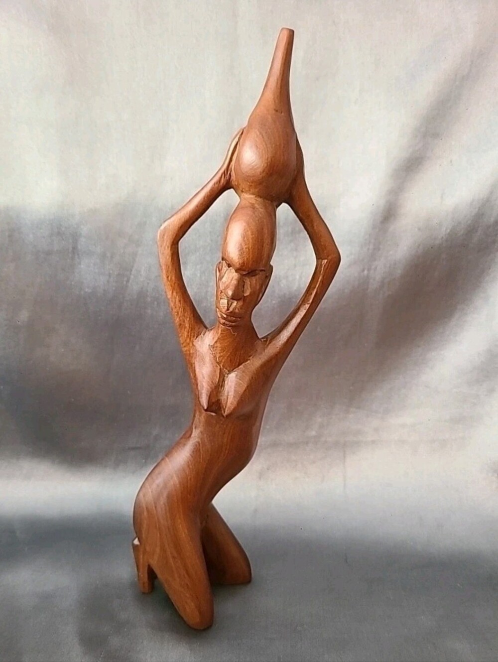 Vintage Wood Statue 11.5” Woman Hand Carved Holding Water Jug Bucket Over Head